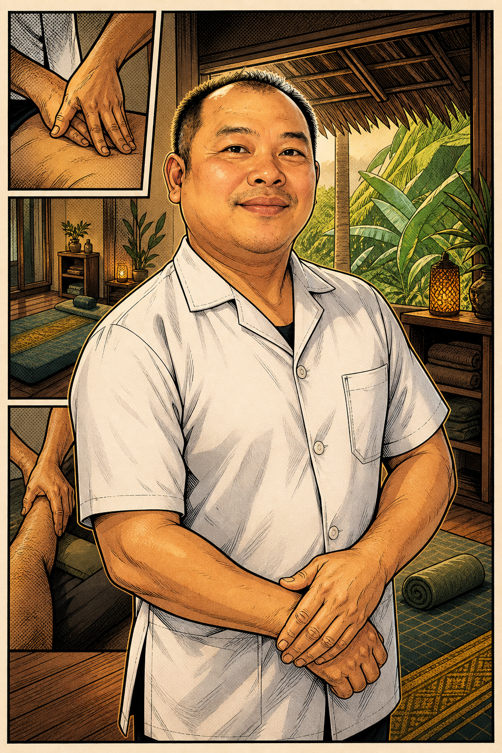 Comic-style portrait of Vuth, a Thai medical massage practitioner in Koh Phangan